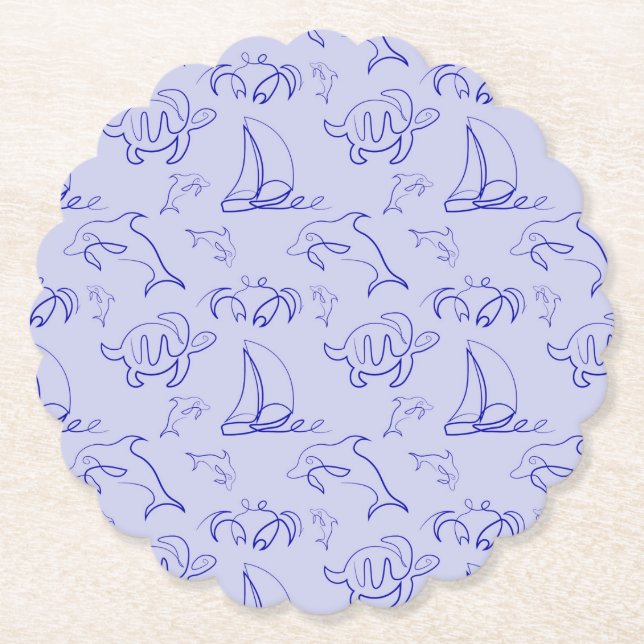 Sea animals and sailboat one line drawing pattern  paper coaster (Front)