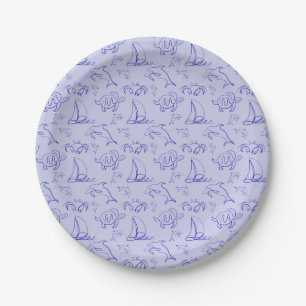 Sea animals and sailboat one line drawing pattern  paper plate
