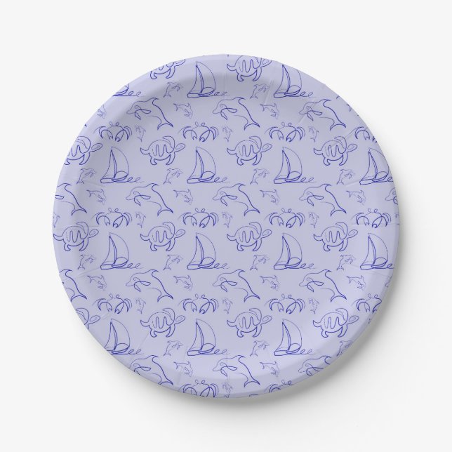 Sea animals and sailboat one line drawing pattern  paper plate (Front)