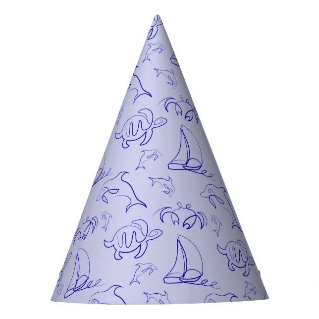 Sea animals and sailboat one line drawing pattern  party hat (Front)