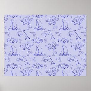 Sea animals and sailboat one line drawing pattern poster