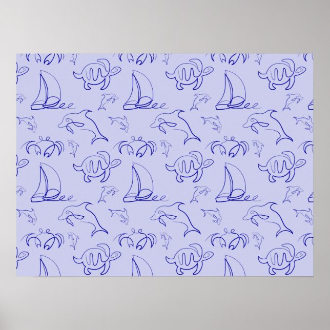 Sea animals and sailboat one line drawing pattern  poster (Front)