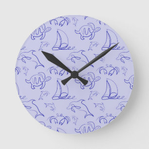 Sea animals and sailboat one line drawing pattern round clock