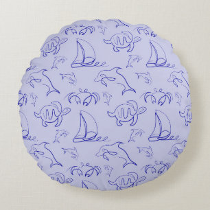 Sea animals and sailboat one line drawing pattern  round cushion