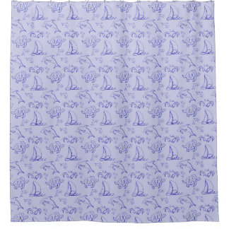 Sea animals and sailboat one line drawing pattern  shower curtain