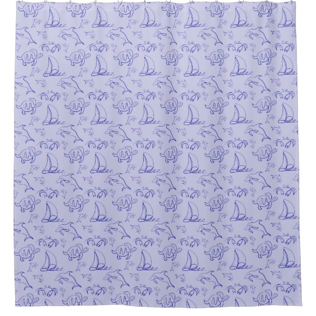 Sea animals and sailboat one line drawing pattern  shower curtain (Front)