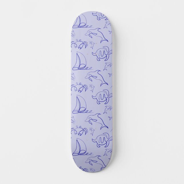 Sea animals and sailboat one line drawing pattern  skateboard (Front)