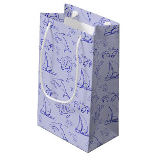 Sea animals and sailboat one line drawing pattern small gift bag