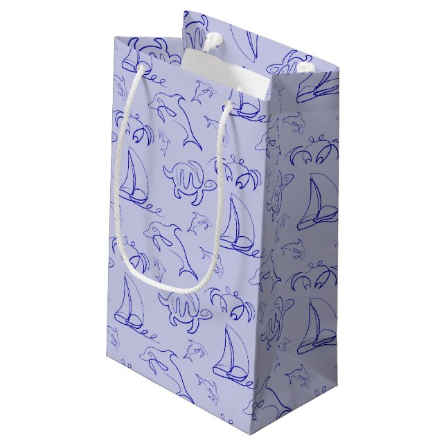 Sea animals and sailboat one line drawing pattern  small gift bag (Back Angled)