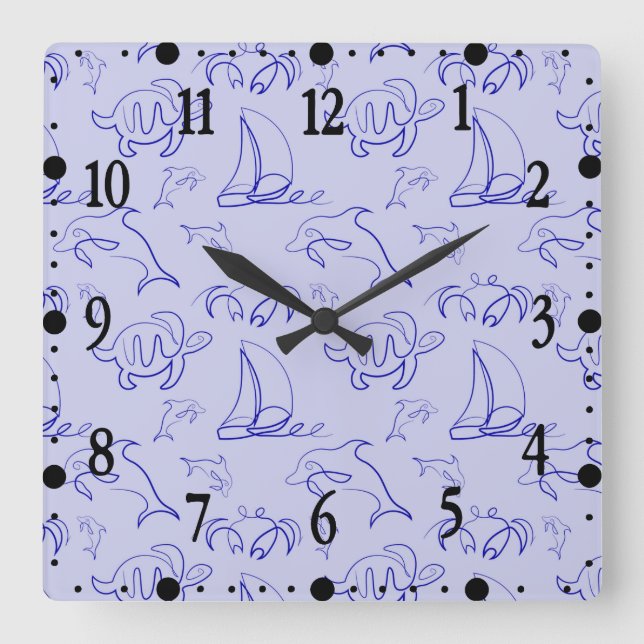 Sea animals and sailboat one line drawing pattern  square wall clock (Front)