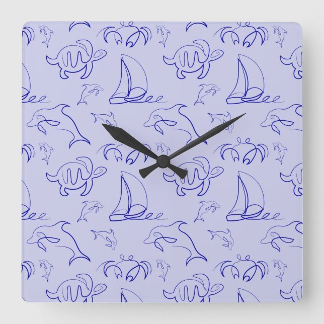 Sea animals and sailboat one line drawing pattern  square wall clock (Front)