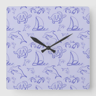 Sea animals and sailboat one line drawing pattern square wall clock