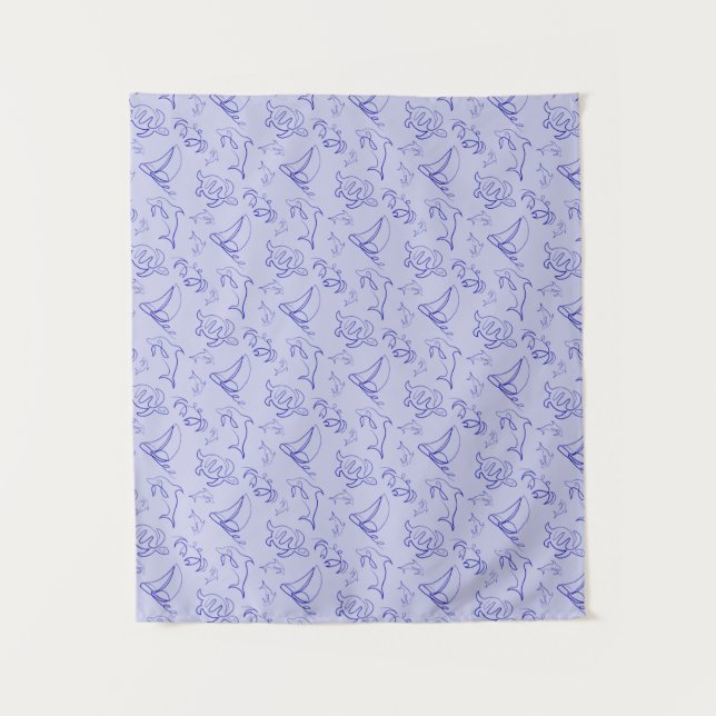 Sea animals and sailboat one line drawing pattern  tapestry (Front)