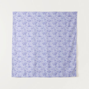 Sea animals and sailboat one line drawing pattern tapestry