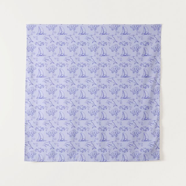 Sea animals and sailboat one line drawing pattern  tapestry (Front)