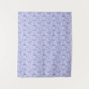 Sea animals and sailboat one line drawing pattern tapestry
