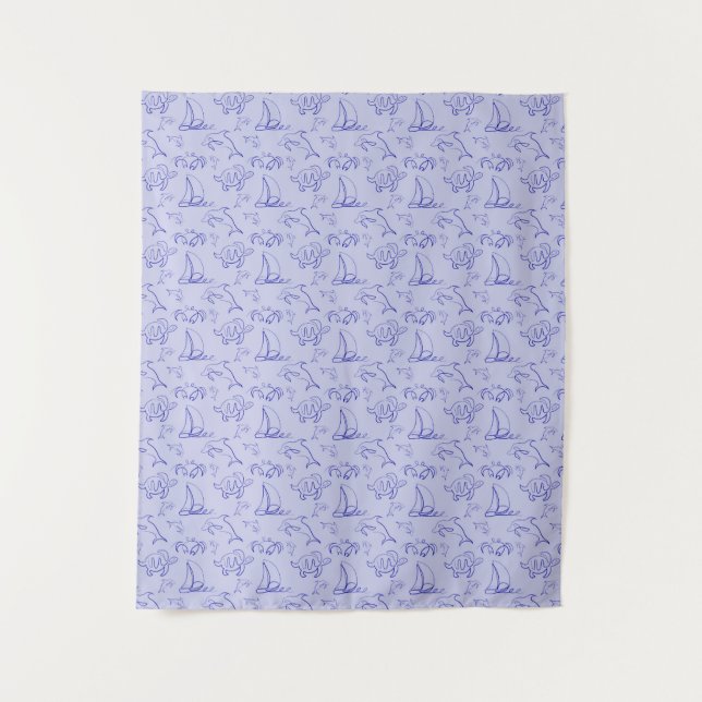 Sea animals and sailboat one line drawing pattern  tapestry (Front)