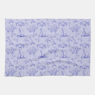 Sea animals and sailboat one line drawing pattern  tea towel