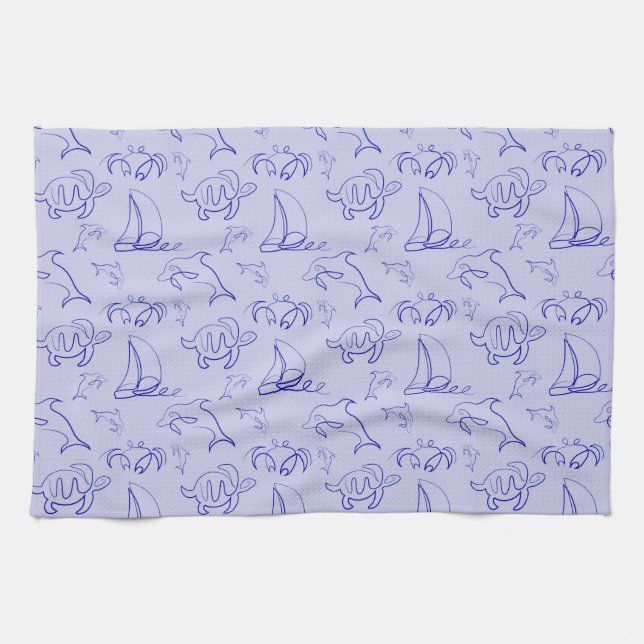Sea animals and sailboat one line drawing pattern  tea towel (Horizontal)