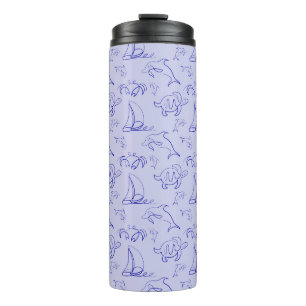 Sea animals and sailboat one line drawing pattern thermal tumbler