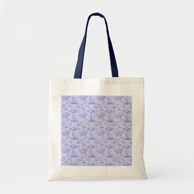 Sea animals and sailboat one line drawing pattern tote bag (Front)