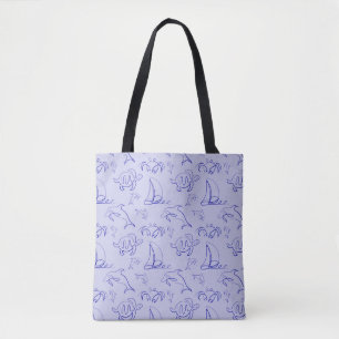 Sea animals and sailboat one line drawing pattern tote bag