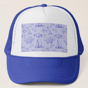 Sea animals and sailboat one line drawing pattern trucker hat