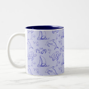 Sea animals and sailboat one line drawing pattern Two-Tone coffee mug