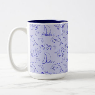 Sea animals and sailboat one line drawing pattern Two-Tone coffee mug