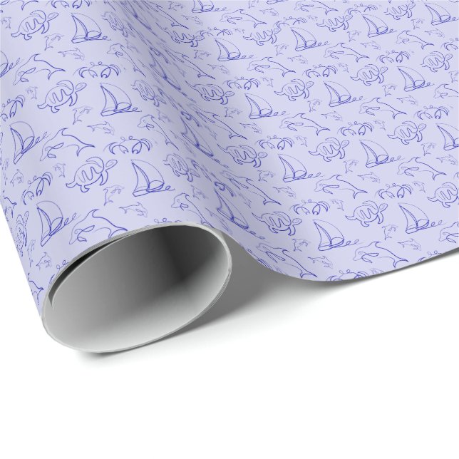 Sea animals and sailboat one line drawing pattern  wrapping paper (Roll Corner)