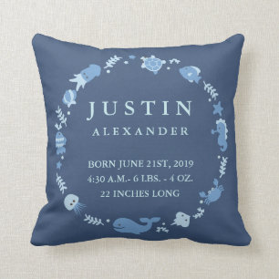 Sea Animals Border Baby Announcement Pillow