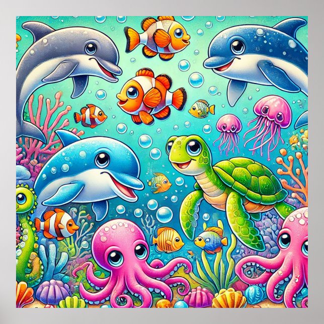 Sea Animals Kids Wall Art Underwater Scene (Front)