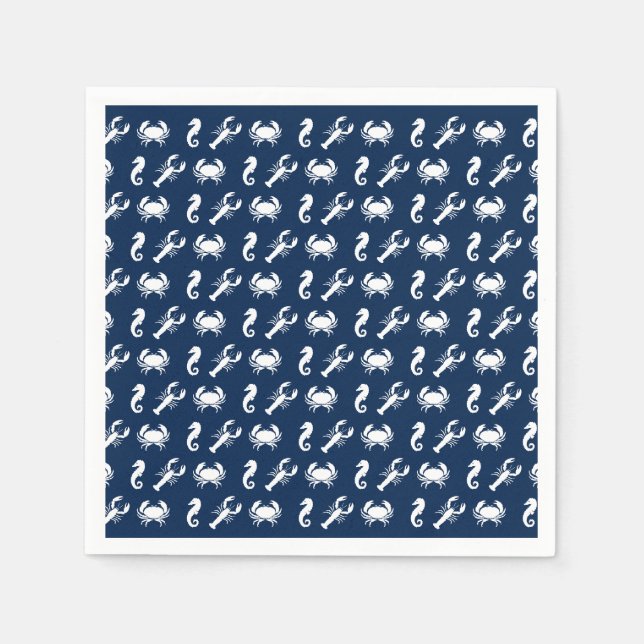 Sea Animals navy lobster crab seahorse pattern Napkin (Front)