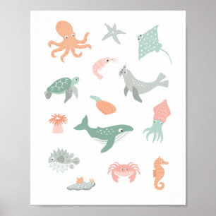Sea animals nursery kids poster