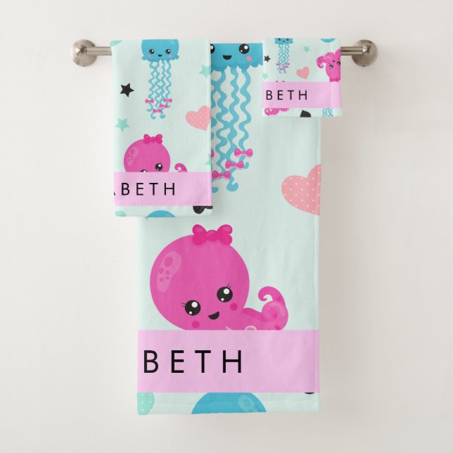 Sea Animals, Octopus, Jellyfish, Hearts, Your Name Bath Towel Set (Insitu)