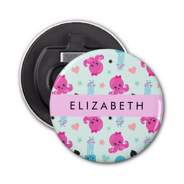 Sea Animals, Octopus, Jellyfish, Hearts, Your Name Bottle Opener (Front)