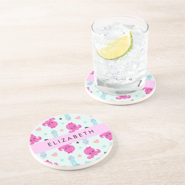 Sea Animals, Octopus, Jellyfish, Hearts, Your Name Coaster (Side)