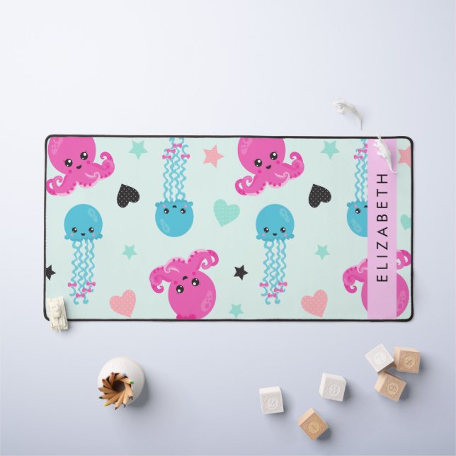 Sea Animals, Octopus, Jellyfish, Hearts, Your Name Desk Mat (Kids Table)