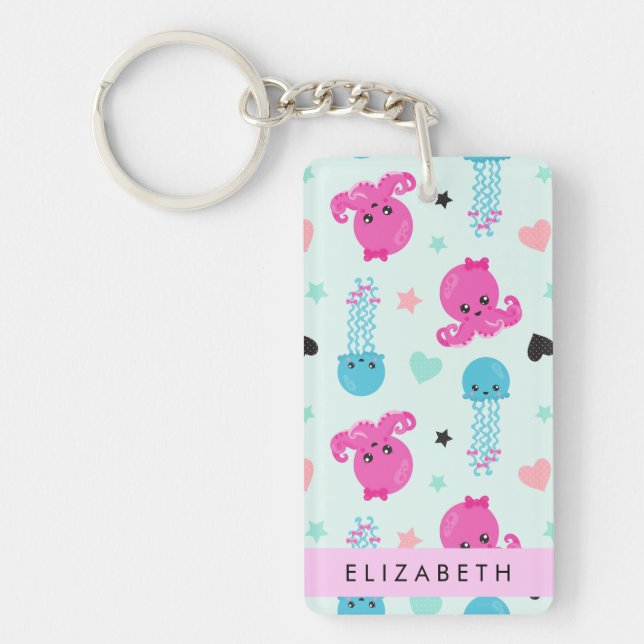 Sea Animals, Octopus, Jellyfish, Hearts, Your Name Key Ring (Front)