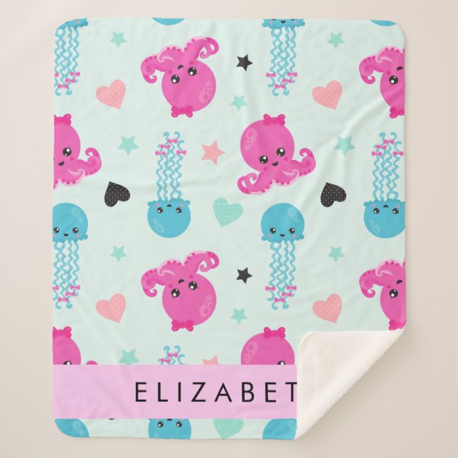 Sea Animals, Octopus, Jellyfish, Hearts, Your Name Sherpa Blanket (Front)