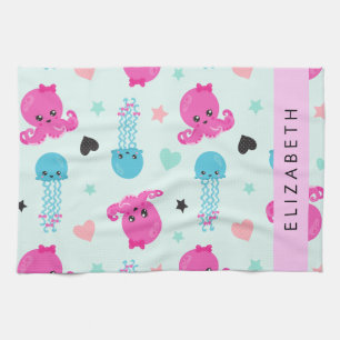 Sea Animals, Octopus, Jellyfish, Hearts, Your Name Tea Towel
