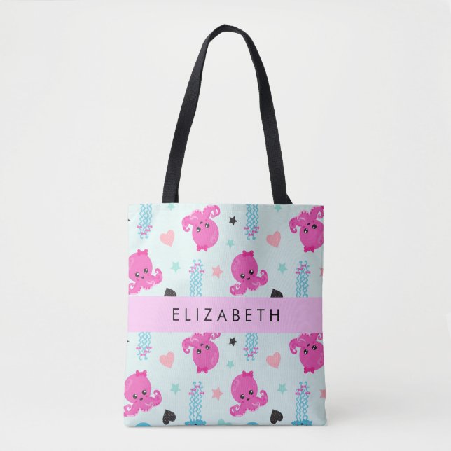 Sea Animals, Octopus, Jellyfish, Hearts, Your Name Tote Bag (Front)