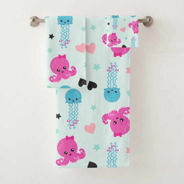 Sea Animals, Sea Life, Octopus, Jellyfish, Hearts Bath Towel Set (Insitu)