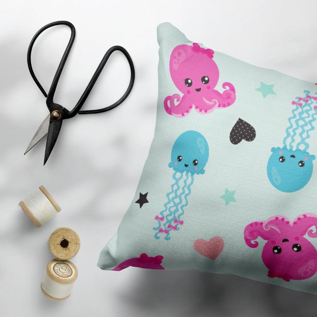 Sea Animals, Sea Life, Octopus, Jellyfish, Hearts Decorative Cushion (Creator Uploaded)
