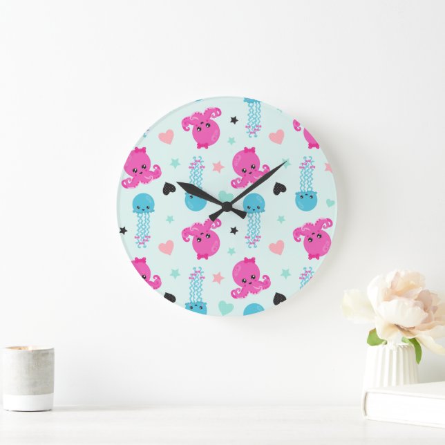 Sea Animals, Sea Life, Octopus, Jellyfish, Hearts Large Clock (Home)