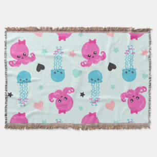 Sea Animals, Sea Life, Octopus, Jellyfish, Hearts Throw Blanket