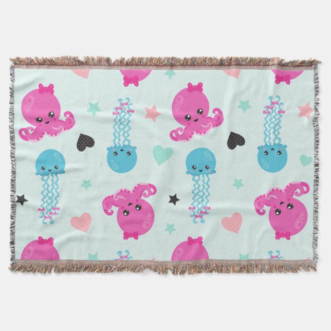 Sea Animals, Sea Life, Octopus, Jellyfish, Hearts Throw Blanket (Front)
