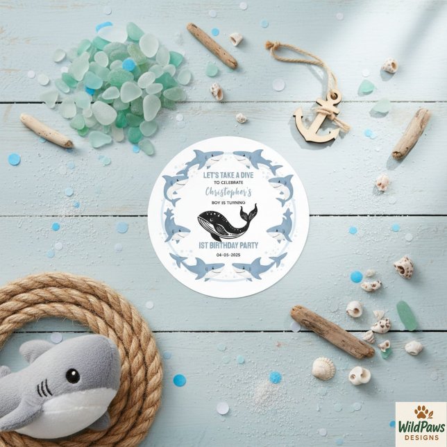 Sea Animals Shark 1st Birthday | Under the Sea  Classic Round Sticker (Sea Animals Shark 1st Birthday | Under the Sea Classic Round Sticker
)
