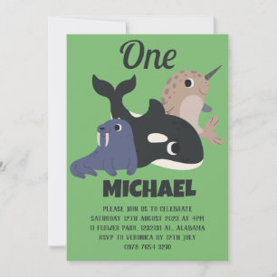 Sea Animals Simple Modern Cute First Birthday Baby Invitation