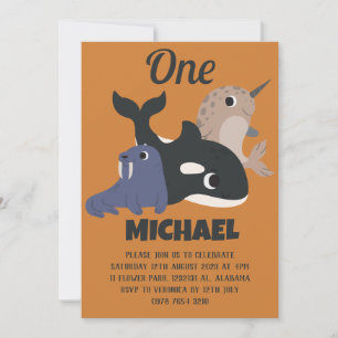 Sea Animals Simple Modern Cute First Birthday Baby Invitation